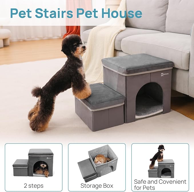 Foldable Pet Stairs for Beds & Sofas - Non-Slip Dog Steps with Storage for Small to Medium Dogs & Cats, Supports up to 120 lbs - Durable 2 & 3-Step Doggie Ladder for Easy Access