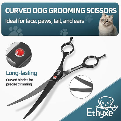 7.0" Professional Dog Grooming Scissors Kit – 3-Piece Set with Straight, Curved & Thinning Shears, Black Japanese Stainless Steel, Includes Grooming Comb for Dogs & Cats