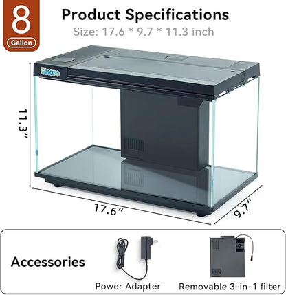 8 Gallon Aquarium Kit Featuring Real-Time Temp Display, Adjustable Flow Pump, Bottom Storage, Multi-Position Filter & 6 Light Modes - Complete Fish Tank Starter for Betta or Goldfish