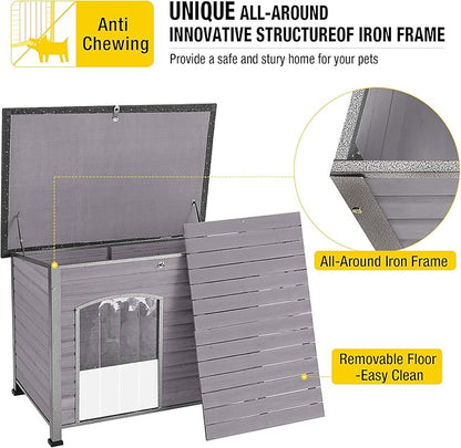 Aivituvin Large Dog House Outdoor Indoor Weatherproof Dog House for Small & Medium & Large Dogs with Unique All-Around Iron Frame＆Raised Feet（Grey）