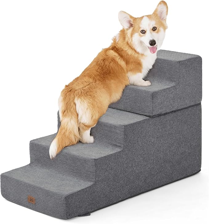 Dog Stairs for High Bed, Dog Steps for Bed Couch Sofa, 35D Foam Extra Wide Pet Steps for Small Dogs and Cats, Pet Stairs with Non-Slip Bottom Grey, 5 Steps