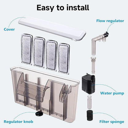 AQQA Quiet 30-50 Gallon Fish Tank Filters - Auto Start Hang on Back Aquarium Filter, Adjustable Flow, Deodorization Decontamination Filter System AQ168 (8W 200GPH)