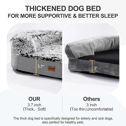 3.7 inch Thickened Orthopedic Dog Beds for Large Dogs, Supportive Dog Sofa Bed with 28D Egg-Crate Foam, Removable Washable Plush Cover, Waterproof Lining, Half-Round Design for Puppy, Senior Dog