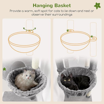 Globlazer Tall Cat Tower, 76 inch Multiple Level Cat Climbers for Indoor Cats, XL Cat Tree with 5 Scratching Posts, 2 Cat Condos, Hammock, 2 Hanging Baskets, F76B, Light Grey
