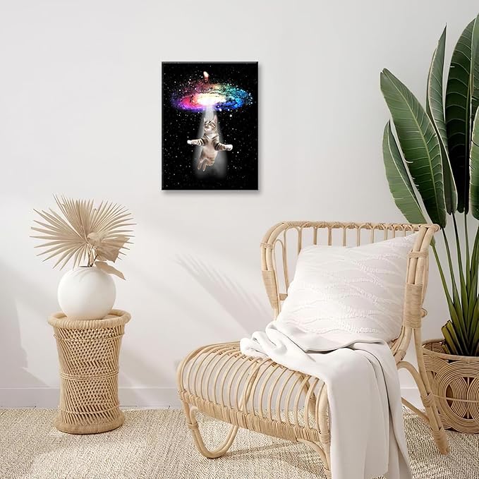 Funny Cat Wall Art Canvas Galaxy Wall Decor Prints Framed Painting Animal Pictures Gifts Artwork for Bathroom Living Dining Kitchen 12"x16"