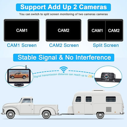 7-Inch Wireless Backup Camera for Truck - 2 Channel, DIY Grid Lines, HD 1080P, Night Vision, IP69K Waterproof, Backup Camera for Truck, Pickup, Trailer, Cars - Parking Safety & Towing Assistance