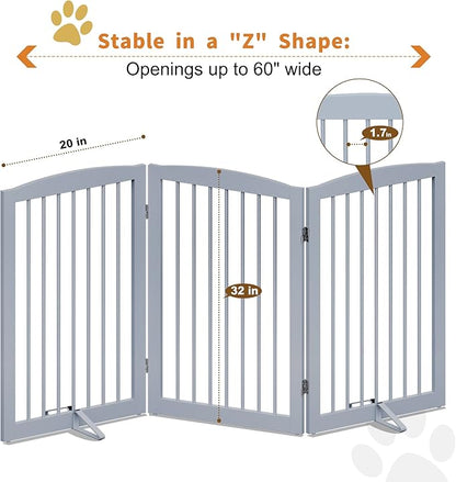 Freestanding Pet Gate for Dogs, Foldable Wooden Dog Gate for House Indoor, Tall Pet Fence for Stair, Doorway,Hall, Support Feet Included, 3 Panels 32",Grey