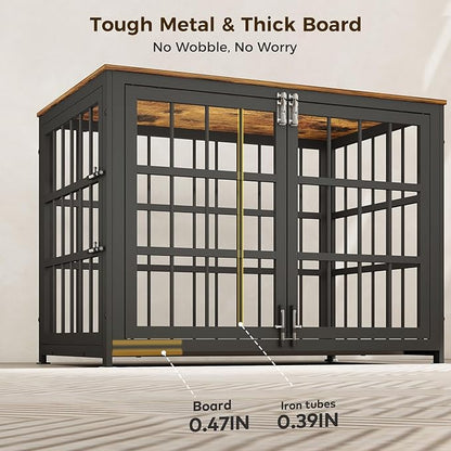 32 Inch Heavy Duty Wooden Dog Kennel End Table with Double Door Design and Secure Locks, Indoor Pet Crate Furniture for Medium Dogs, Decorative Home Cage Design,Aged Black