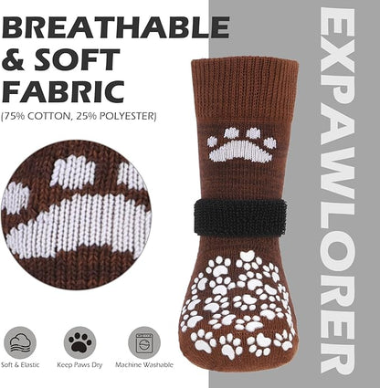 EXPAWLORER Anti Slip Dog Socks to Prevent Licking Paws, Dog Shoes for Hot Pavement, Dog Booties for Small Medium Large Senior Dogs, Traction Control Boots & Paw Protectors for Hardwood Floors Coffee