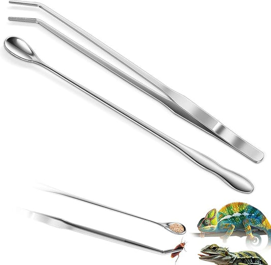 2pcs Reptile Feeding Tongs, Feeding Spoon, Stainless Steel Aquarium Feeding Tools, Curved Long Tweezers 10.6 in, Long Spoon 10 in (Coffee Spoon) for Feeding Lizards, Bearded Dragons and More.