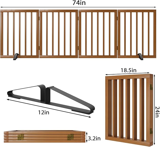 Freestanding Pet Gate Foldable 4 Panel Dog Gate Walnut Dog Gates for Stair Doorways House Indoor (2 Support Feet Included)