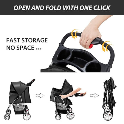 4 Wheels Pet Stroller for Small Medium Dogs Cats 10-33 lbs, Foldable Dog and Cat Stroller with Cup Holder & Storage Basket & Breathable Mesh, Pet Strolling Cart for All-Season, Black