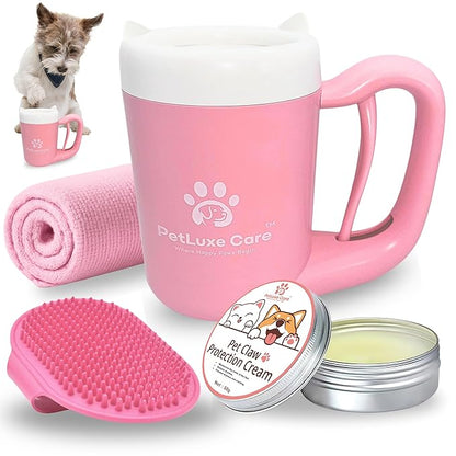 Dog Paw Cleaner for Small & Medium Dogs – Portable Paw Washer Cup with Soft Silicone Brush, Towel & Moisturizing Balm – Gently Cleans Muddy Paws After Walks (Pink, Small)