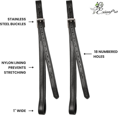 Exion FlexiStrong Stirrup Leathers for English Saddles – 1" Premium Calfskin with Nylon Core – Numbered Holes, Stainless Steel Buckles – Black/Brown – Horse Riding Gear (48"/120cm to 62"/155cm)