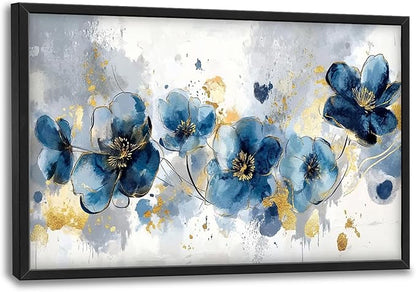 Extra Large Framed Abstract Blue Flower Wall Art,Oversized Golden Grey Floral Wall Decor Pictures for Living Room,Canvas Print Painting Modern Artwork Bedroom Office Bathroom Home Decor 36L" x 24W"