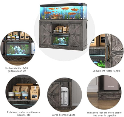 Farmhouse 55-75 Gallon Fish Tank Stand with Power Outlet, Aquarium Stand with Cabinet&Sliding Barn Door, Heavy Duty Reptile Tank Stand for 2 Fish Tank/Turtle Tank/Reptile Terrarium, Grey