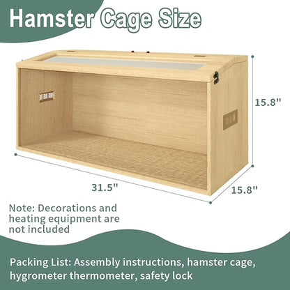 32" Hamster Habitat Enclosure, Top Opening Lockable Roof Door, Gerbil Dwarf Hamster Cage with Hygrometer, Chewproof Syrian Hamster Cage for Mice, Small Animal, (Wooden, 32" L x 16" W x 16" H)