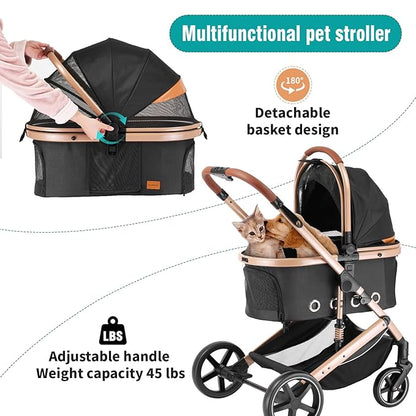 EchoSmile 4 in 1 Pet Stroller, Folding Lightweight Cat & Dog Stroller with Detachable Carrier, NO-Zip 180° Reversible Canopy, All Terrain 4-Wheel,45 lbs Capacity for Small to Medium Dogs