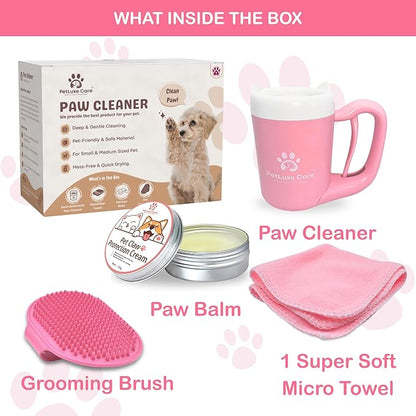 Dog Paw Cleaner for Small & Medium Dogs – Portable Paw Washer Cup with Soft Silicone Brush, Towel & Moisturizing Balm – Gently Cleans Muddy Paws After Walks (Pink, Small)