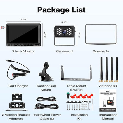 7 Inch Wireless RV Backup Camera System for Truck/Trailer/Camper/Bus, 1080P Dual/Quad Split Screen with DVR, Clear Night Vision, Support 4 Cameras, IP68 Waterproof Digital Wireless System