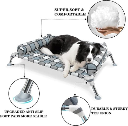 Elevated Raised Dog Bed Cot - Cooling Raised Dog Beds with Bolster Portable Washable Pet Cot Bed with Metal Frame Dogs Hammock Bed for Indoor & Outdoor
