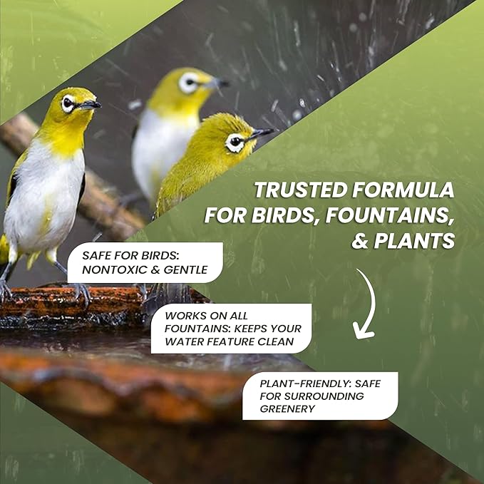 16oz Bird Bath Cleaner, Cleans 80 Gallons of Water, Ideal Fountain Cleaner Safe for Birds, Bird Bath Fountains Clarifier, Liquid Birdbath and Fountain Maintenance, Promotes Clean & Clear Water