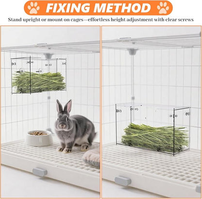 Acrylic Rabbit Hay Feeder with Lid, Transparent Hanging Food Dispenser Hay Feeder for Bunny Rabbits Guinea Pig Cage Chinchillas Hamsters Small Pets and Animals（Small
