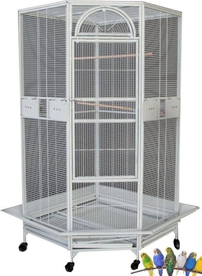 64" Extra Large Corner Bird Flight Breeding Wrought Iron Rolling Parrot Cage Side Solid Metal Plate Feed Doors Pull Out Removable Grate and Tray with Around Metal Seed Guard