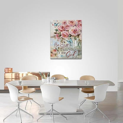 Farmhouse Rose Wall Art Christian Scripture Pictures Pink Rose Wall Decor Rustic Floral Butterfly Canvas Print Painting Artwork for Bathroom Living Room Bedroom 16"x20"