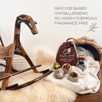 Fluff Ewes Wool Dryer Balls 6 Pack Premium New Zealand Wool Laundry Balls for Dryer, No Static Dryer Balls Laundry Reusable, XL Hedgehog Dryer Balls, Baby Dryer Balls for Dryers - Hedgehog and Homies