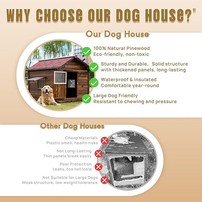 Extra Large Dog House Outdoor Made of Solid Pine Wood, Warm Doghouse, Dog House with Elevated Floor for Large Dogs, (Wood, 2XL)