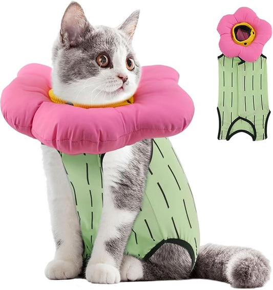 EMUST 2PCS Cat Recovery Suit and Cone Collar - Breathable Spay Suit, Adjustable Soft E Collar Alternative for Cats After Surgery - Green, L (8-16lb)