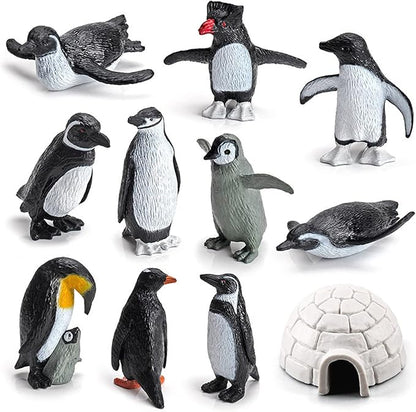11PCS Penguin Toys, Plastic Arctic Animal Penguin Figures for Kids, Realistic Polar Animals Penguin Figurines Set with Igloo Model, Cake Topper Winter Miniature Toys Decoration