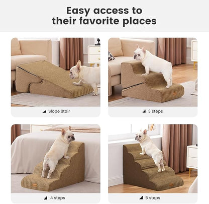 Gardner Pet Dog Stairs for Small Dogs 22.8" H, 5-Step Brown Curved Pet Stairs, Dog Steps for High Bed, Couch (24-30 in) with Durable Non-Slip Waterproof Fabric Cover and CertiPUR-US Certified Foam