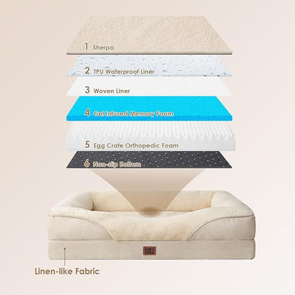 EHEYCIGA Memory Foam Dog Bed for Large Sized, Orthopedic Dog Sofa with Sides and Waterproof Liner, Washable Bolster Pet Couch with Removable Cover, 41x27x7.5 Inch, Beige