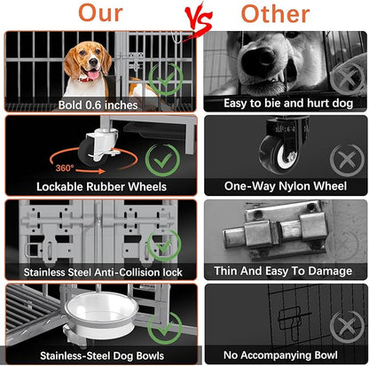 aboxoo 48/42 inch Heavy Duty Metal Dog Crate for 2 Dogs/Large Dog,All Metal Open Top,Dog Kennel Indoor with Wheels,Floor Grid, Tray, Divider and Feeding Bowl (Sliver)