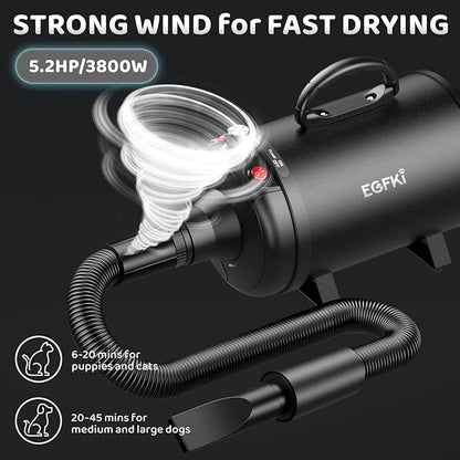 Dog-Hair-Dryer, 5.2HP/ 3800W High Velocity Pet Blow Dryer with Heater for Grooming, Speed Temperature Adjustable Dog Blower Grooming Dryer with 4 Nozzles