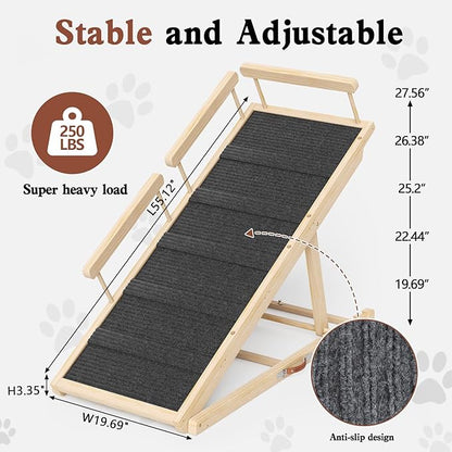 Dog Ramp for High Bed, Couch, Car, Pet Ramps 55.12" Long Adjustable 19.7"-27.6" Wooden Dog Step with High Traction Mat & Safety Side Rails for Small Medium Large Older Pets, up to 250 lbs