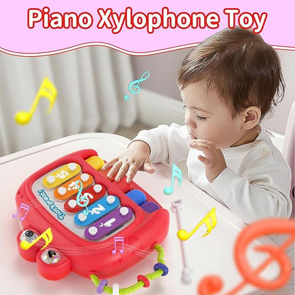 4 in 1 Baby Toy for 6 9 12 18 Month, Learning Toys for Babies 6-12 Months, Baby Busy Cube, Stacking Sorter, Pull String & Piano Xylophone Travel Toy, Birthday Gift for 1 2 Year Old
