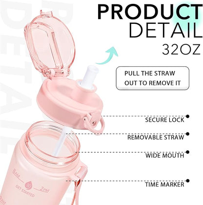 32oz Motivational Water Bottles with Time Marker & Fruit Strainer, Transparent Gradient Color Water Bottle with Times to Drink, Leakproof & BPA Free, Reusable Bottle with Strap (No Straw)