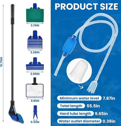 Aquarium Fish Tank Cleaning Tool Kit Include 4 Pcs Long Aquascape Tools Kit 1 Pcs Magnetic Glass Cleaner Brush 5 in 1 Fish Tank Gravel Cleaner and Siphon Vacuum for Terrarium Fish Tank Set