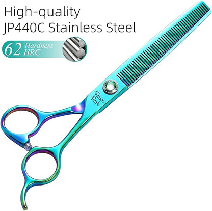 Fenice Peak 7'' Green Thinning Dog Grooming Scissors Pet Shears with Ergonomic Offest Handle and Simulated Emerald Screw 440C Grooming Scissors Trimming Shears Durable and Sharp