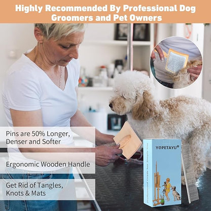 Dog Slicker Brush for Shedding and Grooming Medium or Long Haired Cats, Extra Long & Soft Pin Slicker Brush for Removes Loose Hair, Tangles, Knots, Undercoat, Free Pet Comb, Large, Oak