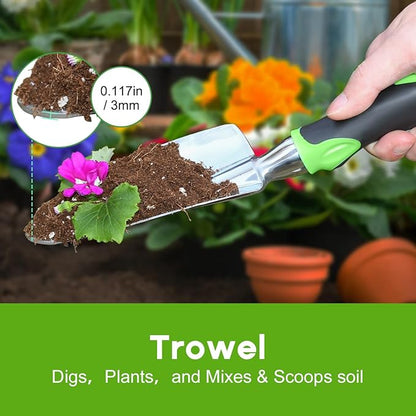 Garden Tool Set, 3 Pack Aluminum Heavy Duty Gardening Kit Includes Hand Trowel, Transplant Trowel and Cultivator Hand Rake with Soft Rubberized Non-Slip Ergonomic Handle, Garden Gifts