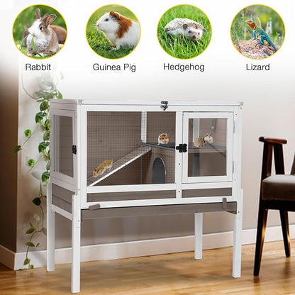 Aivituvin Wooden Guinea Pig Cages Indoor with Removable Stand, Anti Chewing Rabbit Hutch with Ramp and Wire Mesh, 2 Story Small Animals House Habitat with Pull Out Tray (Brown)