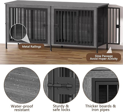 EasyCom 78 Inch Dog Cage Furniture for 2 Pets with Divider, XXL Wooden Double Dog Crate Furniture TV Stand for Mideum and Large Breed, Durable and Sturdy