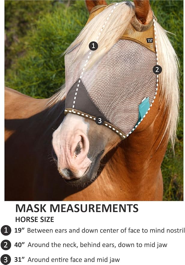 Fly Masks for Horses, 70% Uv-Block, Breathable Fly Mask for Equines, Durable, Comfortable Fit for All-Day Protection, Horse Size (Horse Fly Mask, with Nose)