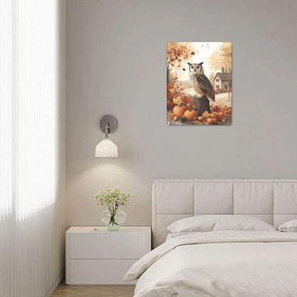 Fall Owl Wall Art Autumn Pumpkin Leaves Wall Decor Rustic Canvas Print Farmhouse Pictures Painting Print Framed Artwork Decorations Gifts for Living Room Bathroom Bedroom Office 16"x20"