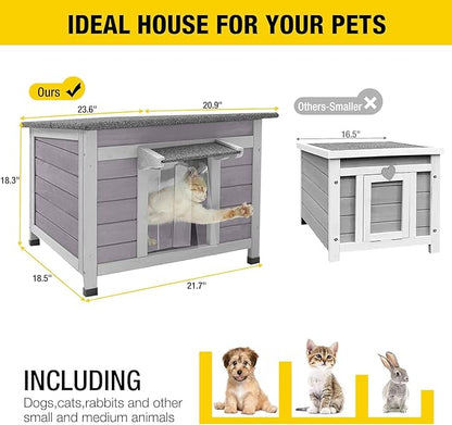 Aivituvin Cat House Waterproof Feral Kitty Shelter Outdoor Indoor Rabbit Hutch for Bunnies,Cats,Dogs and Other Small Animals,Asphalt Roof