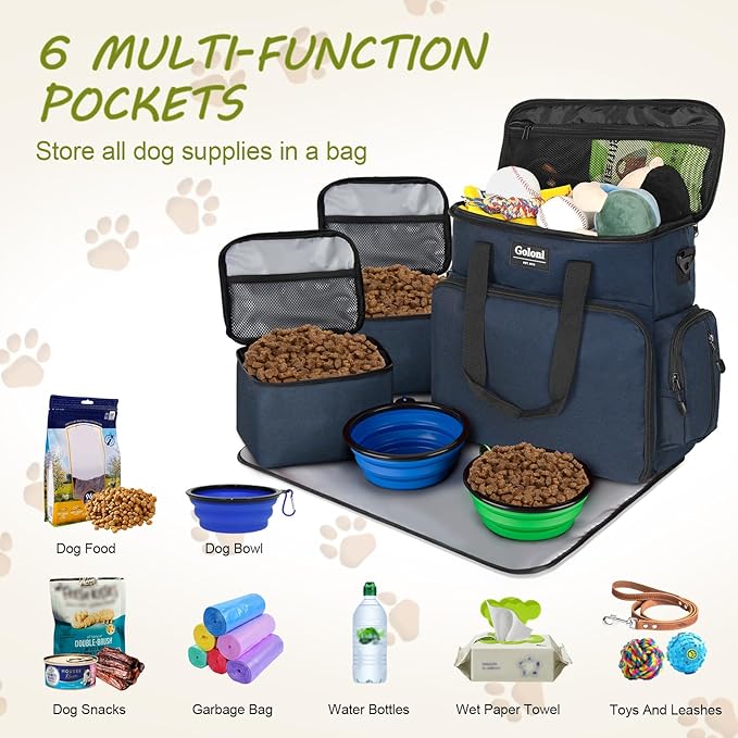 Dog Travel Bag Airline Approved–Pet Travel Tote with Collapsible Bowls,Food Containers & Feeding Mat–Multi-Pocket Organizer for Dogs & Cats, Durable & Water-Resistant for Hiking,Trips,Outdoors
